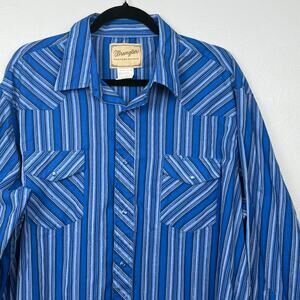 Wrangler Women’s 2XL Western Pearl Snap Shirt Blue Striped Metallic
